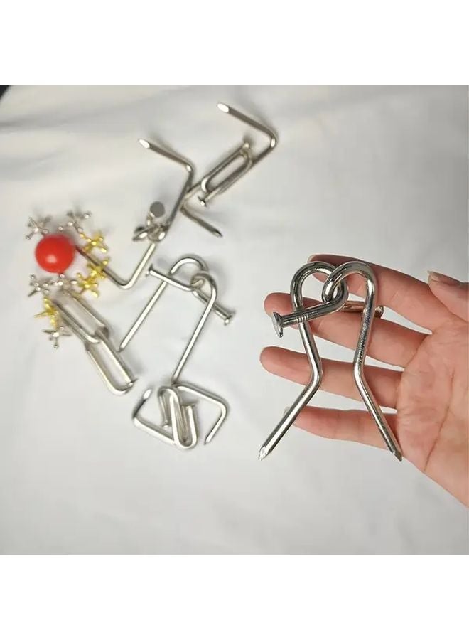 6 في 1 مجموعة خاتم لغز معدني كبير وقفل مطلي بالنيكل لعبة تحدي المنطق للألغاز الذهنية - Image 2